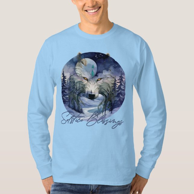Solstice Blessings Winter Wolf Moonlight Woods T-Shirt (Front)