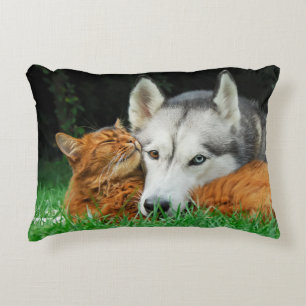 Somali cat and Siberian Husky cute friends huddle Decorative Cushion