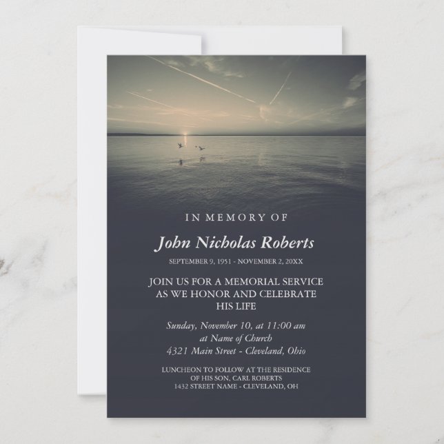 Sombre Birds by Ocean Sunrise Memorial Service Invitation (Front)
