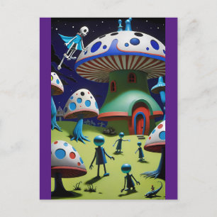 Sombre Evening Over Mushroom Town Fantasy Postcard