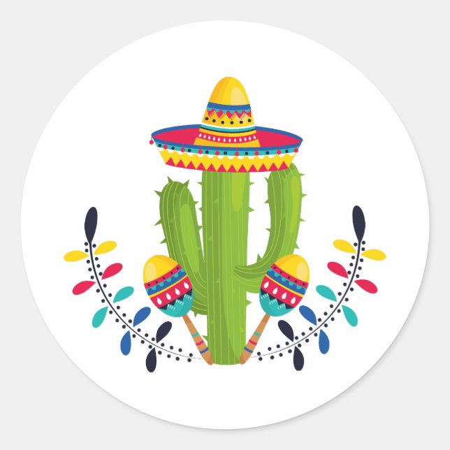 Sombrero wearing Cactus with Maracas Classic Round Sticker (Front)