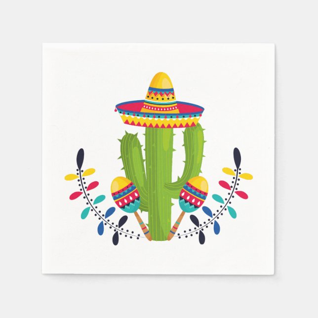 Sombrero wearing Cactus with Maracas Napkin (Front)