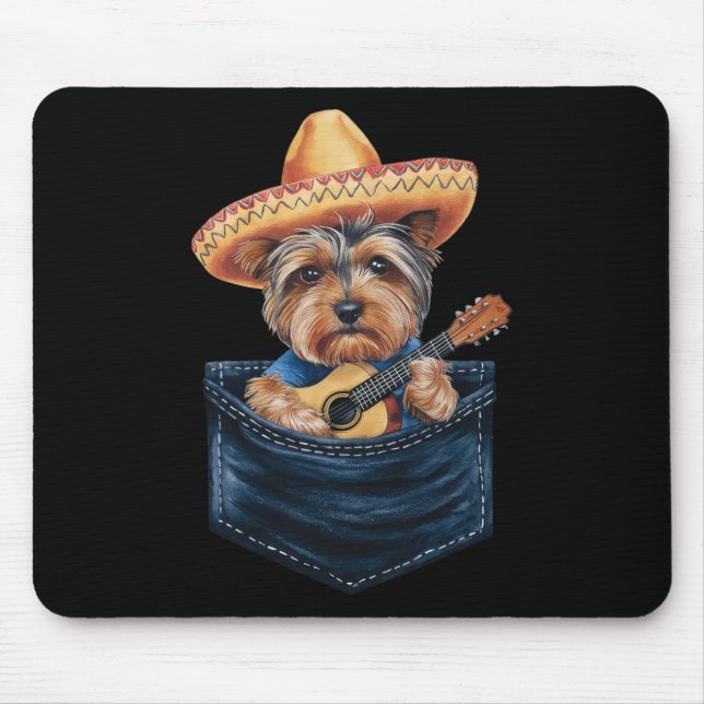 Sombrero Yorkshire Terrier Dog Playing Guitar Cinc Mouse Pad (Front)
