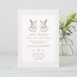 Some Bunnies Are On The Way Blue Bow Twin Invitation