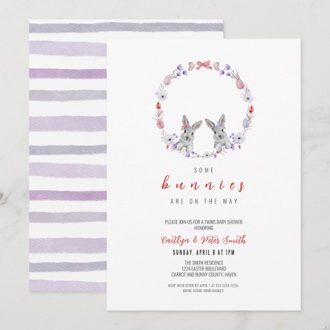 Some Bunnies are On The Way, Twins Baby Shower Invitation (Front/Back)