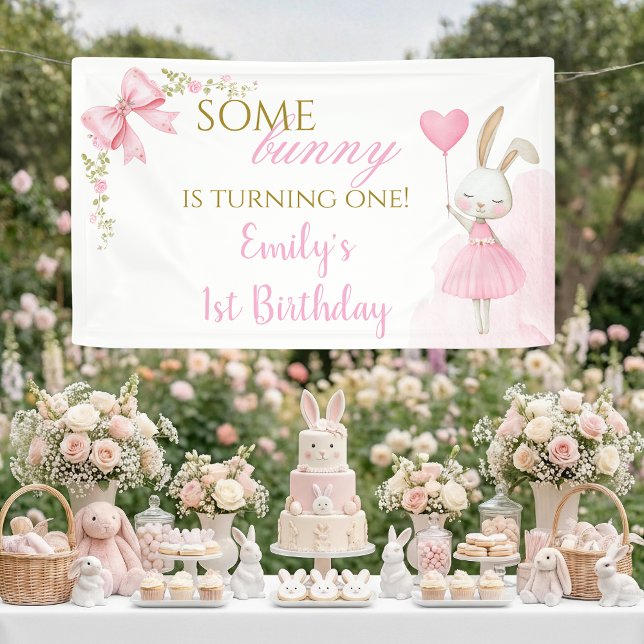 Some Bunny Banner 1st Birthday Girl Pink Bow (Some Bunny is Turning One Birthday Banner. Custom pink floral bunny bunting for party decor.)