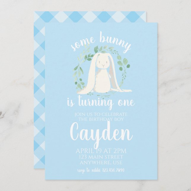 Some Bunny Birthday Invitation blue plaid (Front/Back)