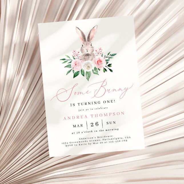 Some Bunny Blush Pink Floral Girls First Birthday Invitation (Creator Uploaded)
