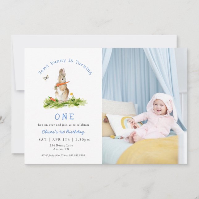 Some Bunny Boy 1st birthday  Photo Invitation (Front)