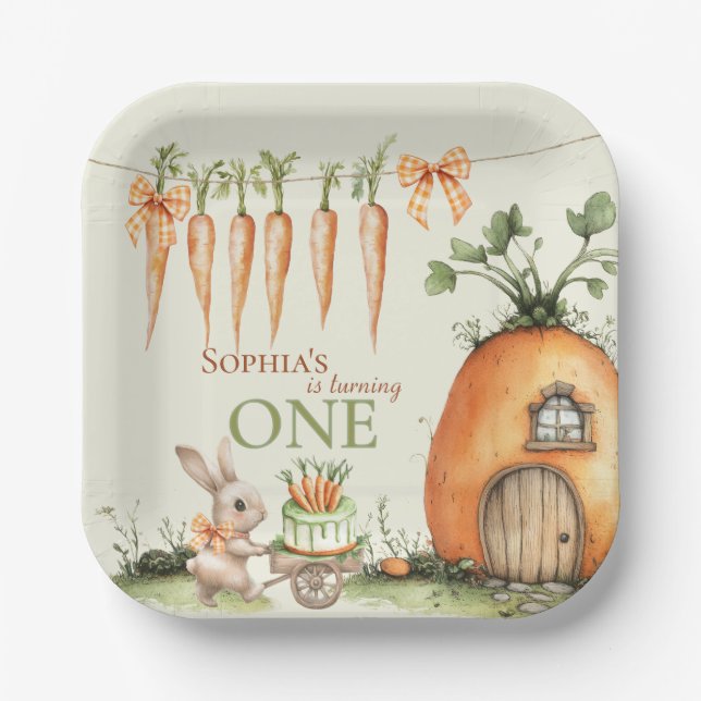 Some Bunny Carrot 1st Birthday Watercolor Paper Plate (Front)