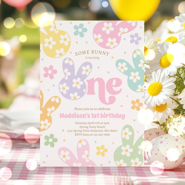 Some Bunny Daisy Floral Pastel Spring 1st Birthday Invitation (Creator Uploaded)