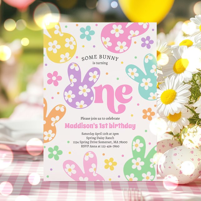 Some Bunny Daisy Floral Pastel Spring 1st Birthday Invitation (Creator Uploaded)