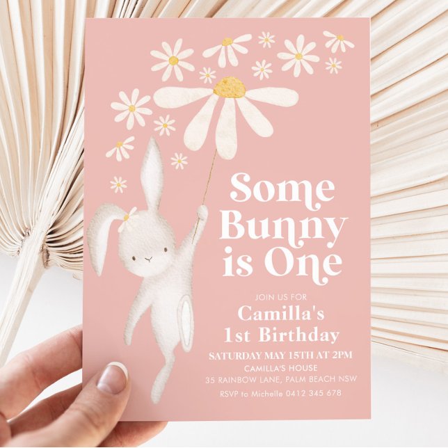 Some Bunny Daisy Pink Girl's 1st Birthday Party Invitation (Creator Uploaded)