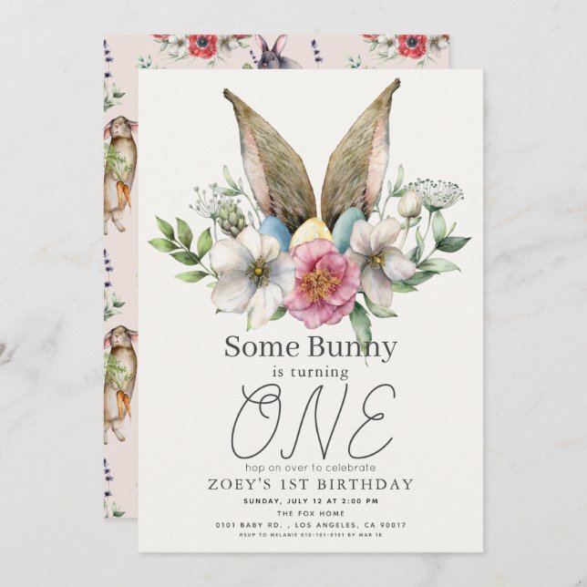 Some Bunny Ear Floral Pink Girl 1st Birthday Invitation (Front/Back)