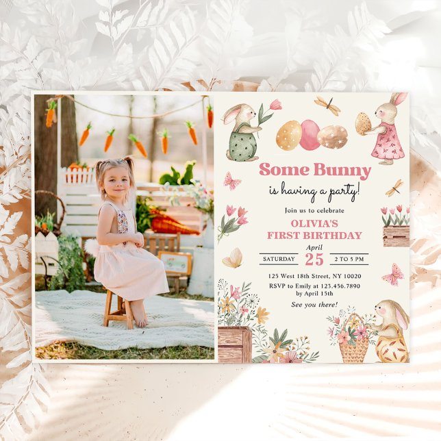 Some Bunny Easter Egg Girl First Birthday Photo Invitation (Creator Uploaded)