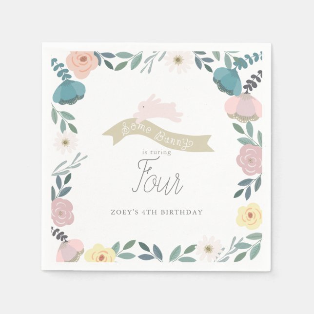Some Bunny Floral Garden Girl Birthday White Napkin (Front)