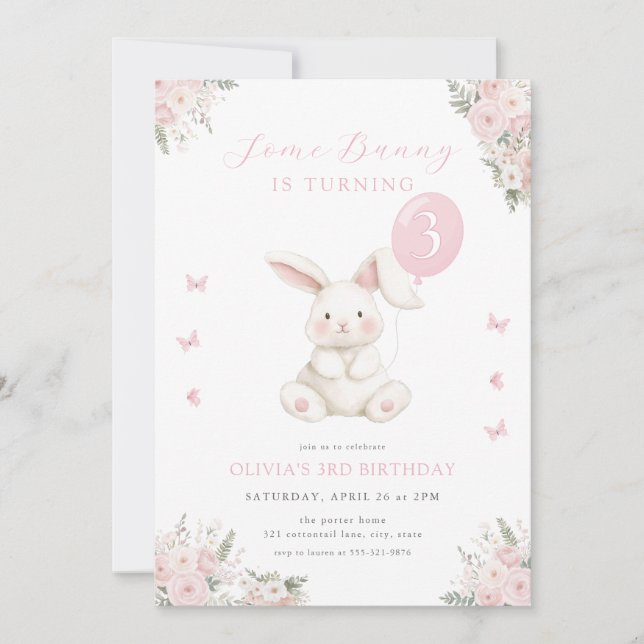 Some Bunny Floral Girl Pink Bunny Birthday Invitation (Front)