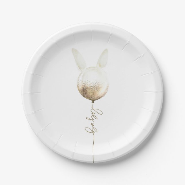 Some Bunny Gold Glitter Balloon Cute Baby Shower Paper Plate (Front)