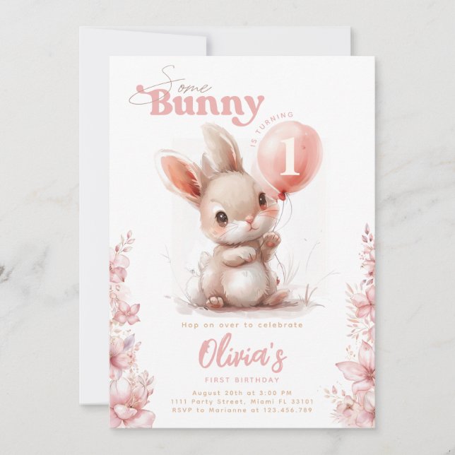 Some Bunny is 1 Pink Girl 1st First Birthday Invitation (Front)