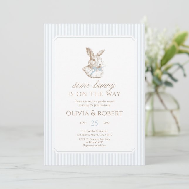 Some Bunny Is On The Way Blue Bow Baby Shower Invitation (Standing Front)
