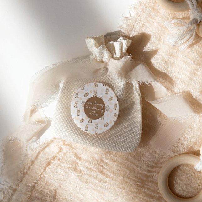 Some Bunny is on the Way Brown Neutral Baby Shower Classic Round Sticker (Creator Uploaded)