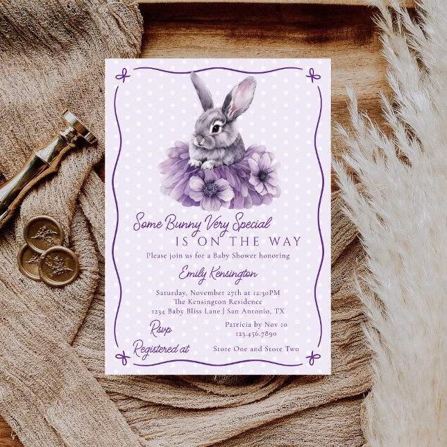 Some Bunny Is On The Way Purple Baby Shower Invitation (Creator Uploaded)