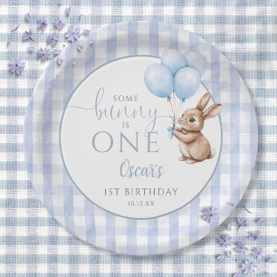 Some Bunny Is One Blue Balloons 1st Birthday Paper Plate