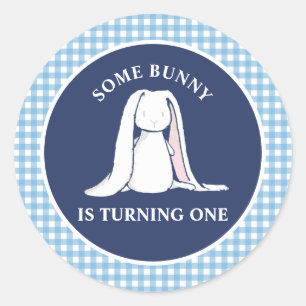 Some Bunny is One blue Gingham Birthday Classic Round Sticker