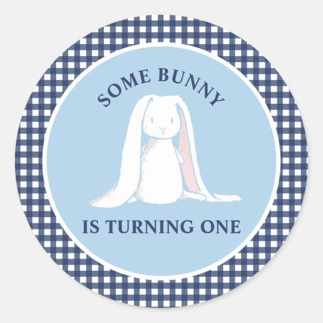 Some Bunny is One blue Gingham Birthday Classic Round Sticker (Front)