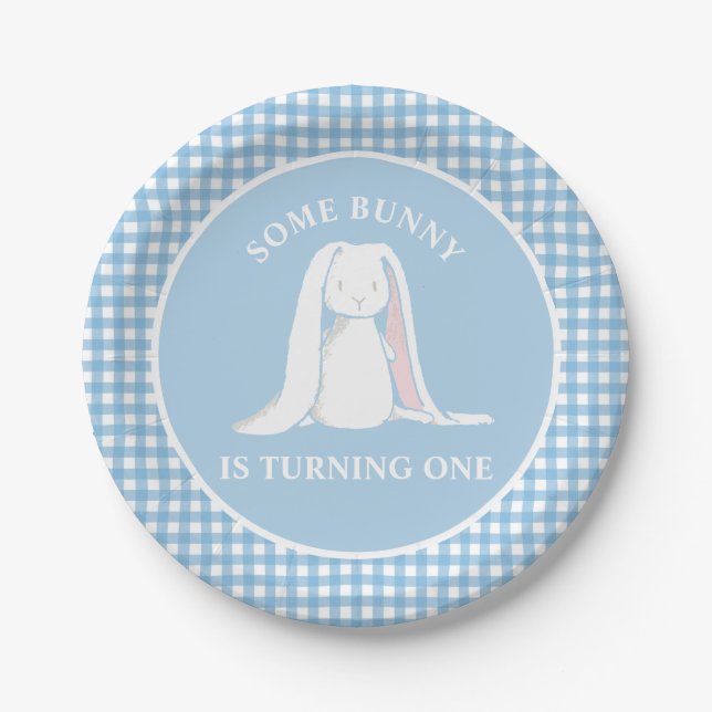 Some Bunny is One blue Gingham Birthday Paper Plate (Front)