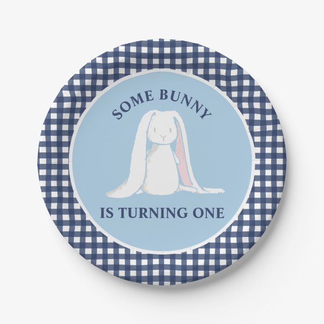 Some Bunny is One blue Gingham Birthday Paper Plate (Front)