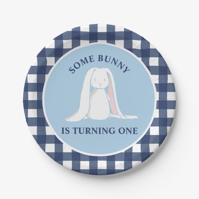 Some Bunny is One blue Gingham Birthday Paper Plate (Front)