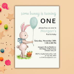 Some Bunny is One Cute Rabbit Balloon 1st Birthday Invitation