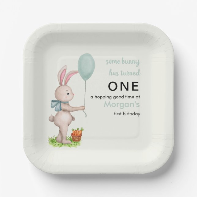 Some Bunny is One Cute Rabbit Balloon 1st Birthday Paper Plate (Front)