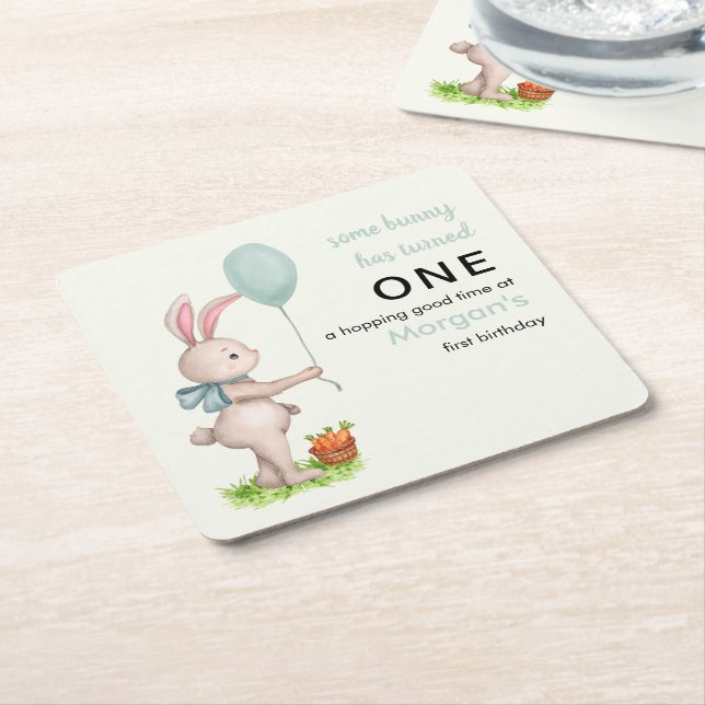 Some Bunny is One Cute Rabbit Balloon 1st Birthday Square Paper Coaster (Angled)