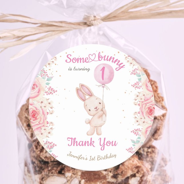 Some Bunny is ONE! Girl Pink 1st Birthday Classic Round Sticker (Creator Uploaded)