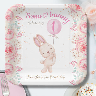 Some Bunny is ONE! Girl Pink 1st Birthday  Paper Plate