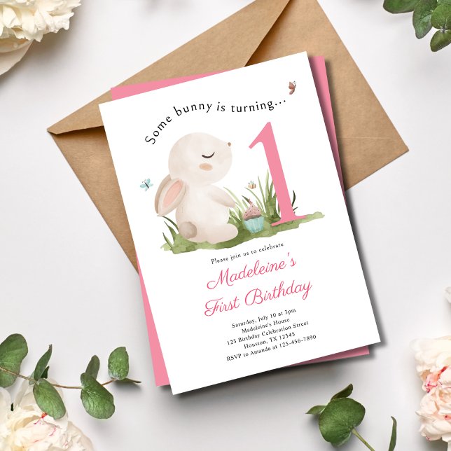 Some Bunny is One Girls Pink 1st Birthday  Invitation (Creator Uploaded)