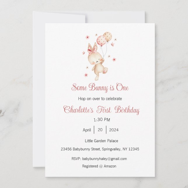 Some Bunny is One Invitation, Bunny One Party, 1st Invitation (Front)