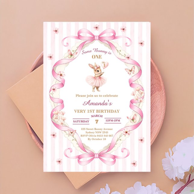 Some Bunny is One Pink Bow Gingham 1st Birthday Invitation (Creator Uploaded)