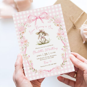 Some Bunny is One Pink Bow Gingham 1st Birthday Invitation