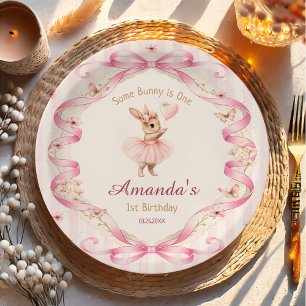 Some Bunny is One Pink Bow Gingham 1st Birthday Paper Plate