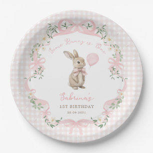 Some Bunny is One: Pink Bow Gingham 1st Birthday Paper Plate