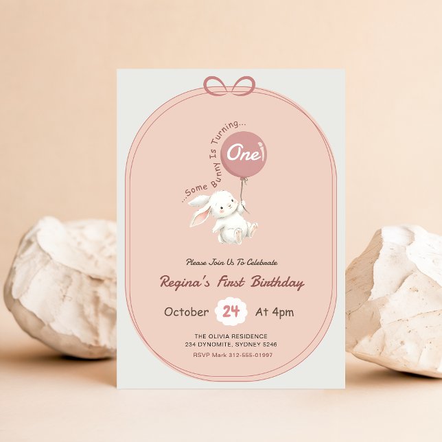 Some Bunny is One Pink Bow Rabbit 1st Birthday Invitation (Creator Uploaded)