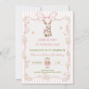 Some Bunny is One: Pink Bow Rabbit First Birthday Invitation