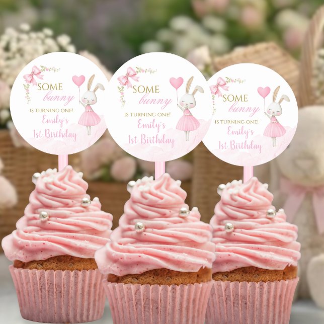 Some Bunny is One Pink Coquette Topper Classic Round Sticker (Some Bunny is Turning One Cupcake Toppers. Floral bunny 1st birthday round labels.)