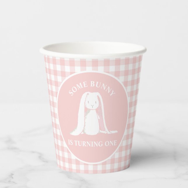 Some Bunny is One Pink Gingham Birthday Paper Cups (Front)