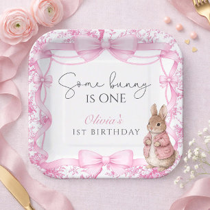 Some Bunny Is One Pink Toile Birthday Paper Plate