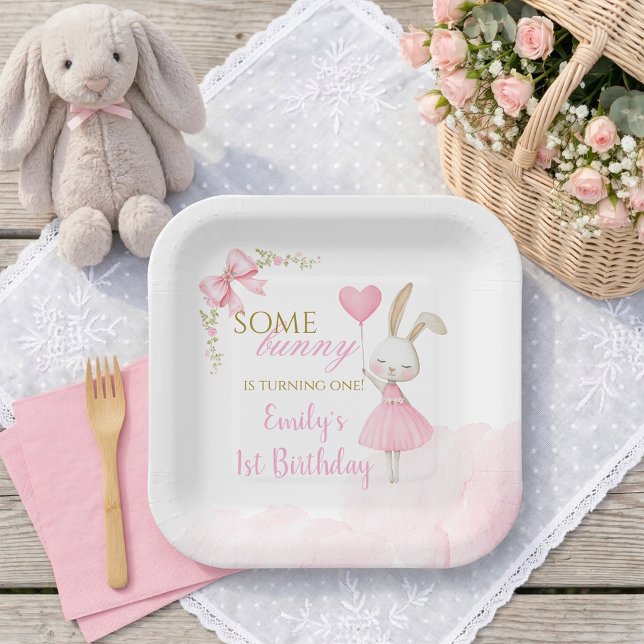 Some Bunny is Turning One 1st Birthday, Pink Bow Paper Plate (Some Bunny is Turning One Paper Plates. High-quality bunny 1st birthday floral dinnerware.)