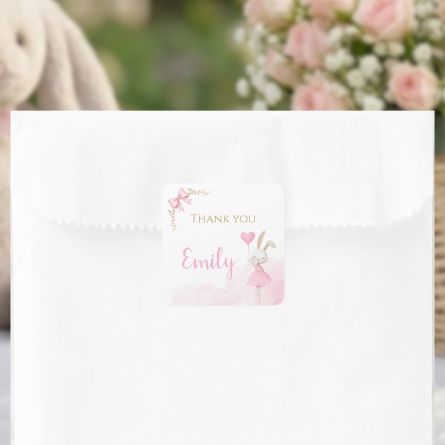 Some Bunny is Turning One 1st Birthday, Pink Bow  Square Sticker (Some Bunny is Turning One Square Stickers. Floral bunny 1st birthday favor and envelope seals.)